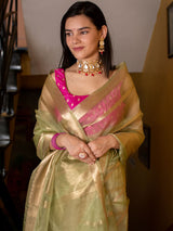 Banarasi organza Saree With Zari Weaving-Green