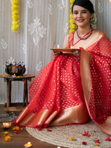 Banarasi Kora Saree With Zari Polka Weaving- Red