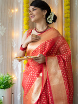 Banarasi Kora Saree With Zari Polka Weaving- Red