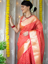 Banarasi Kora Saree With Zari Polka Weaving- Red