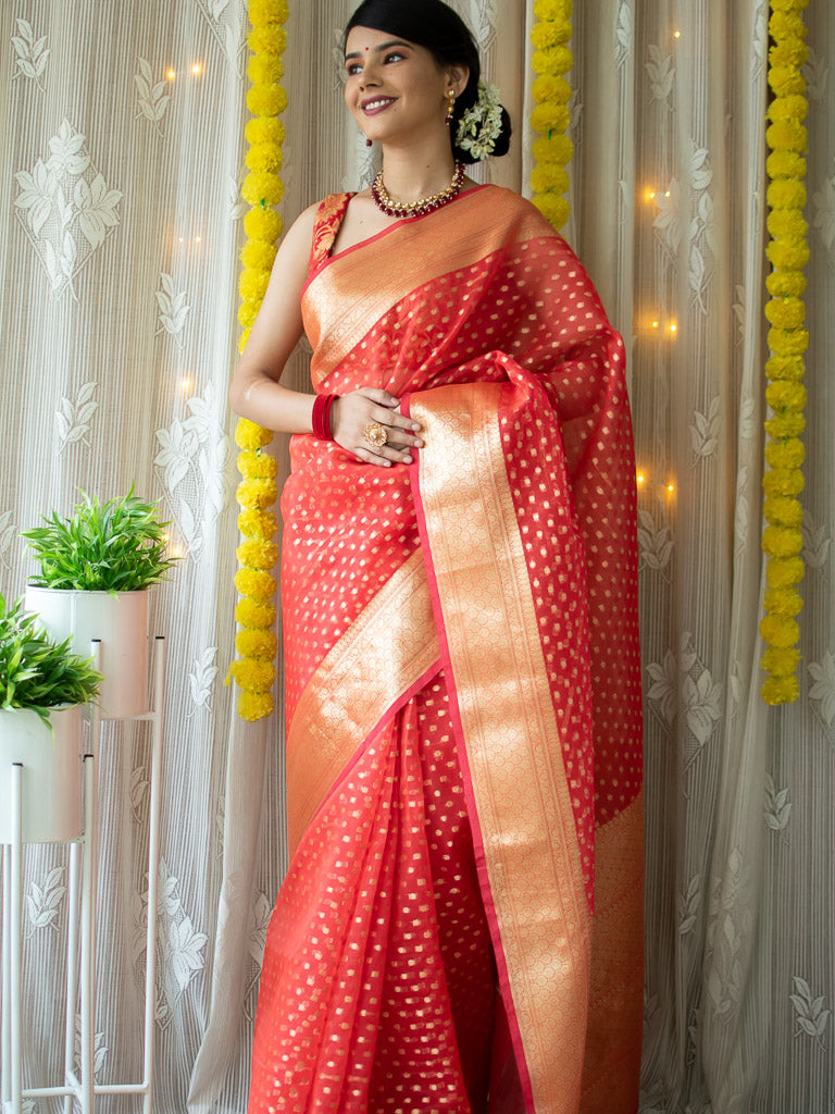Banarasi Kora Saree With Zari Polka Weaving- Red