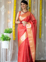 Banarasi Kora Saree With Zari Polka Weaving- Red