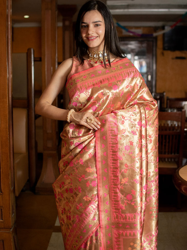 Banarasi Handloom Art Katan Silk Saree With Meena Jaal Weaving-Pink