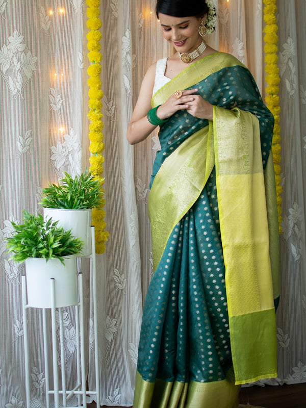 Banarasi Semi Silk Saree With Zari Weaving & Contrast Border-Green