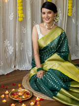 Banarasi Semi Silk Saree With Zari Weaving & Contrast Border-Green