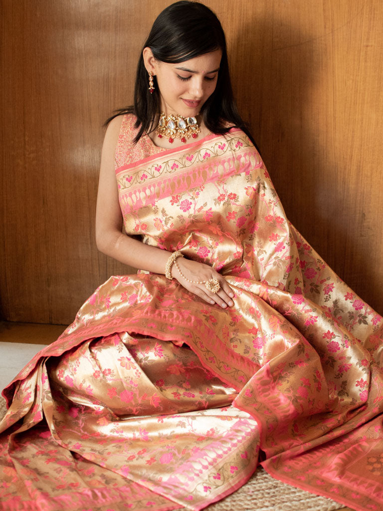 Banarasi Handloom Art Katan Silk Saree With Meena Jaal Weaving-Pink