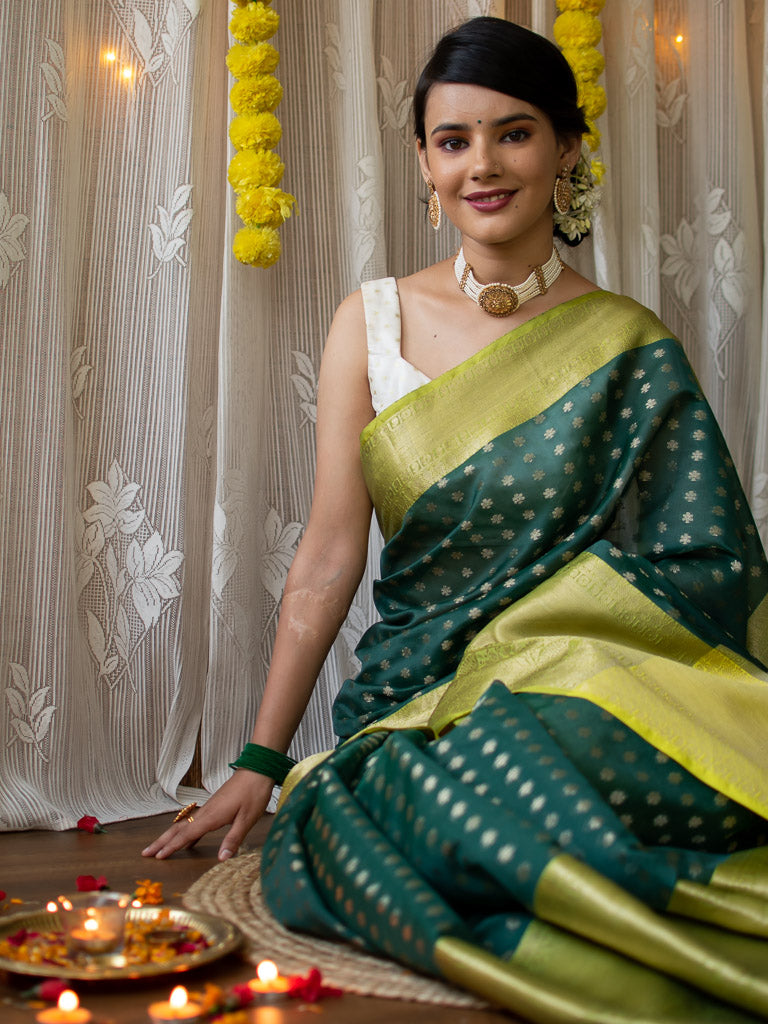 Banarasi Semi Silk Saree With Zari Weaving & Contrast Border-Green