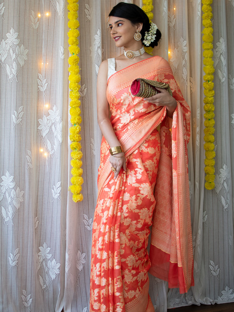Banarasi Pure Georgette Saree With Jaal Resham Weaving-Orange