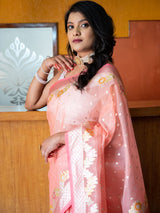 Banarasi Kora Saree With Silver Zari & Meena Weaving-Pink