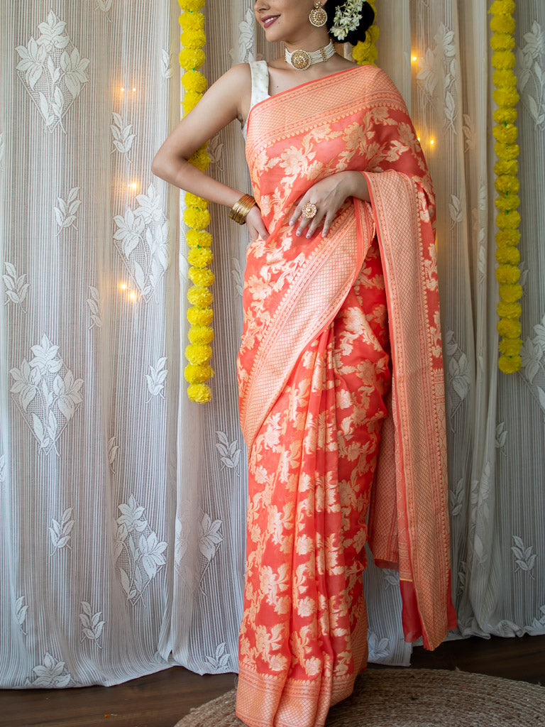 Banarasi Pure Georgette Saree With Jaal Resham Weaving-Orange