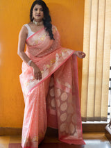 Banarasi Kora Saree With Silver Zari & Meena Weaving-Pink
