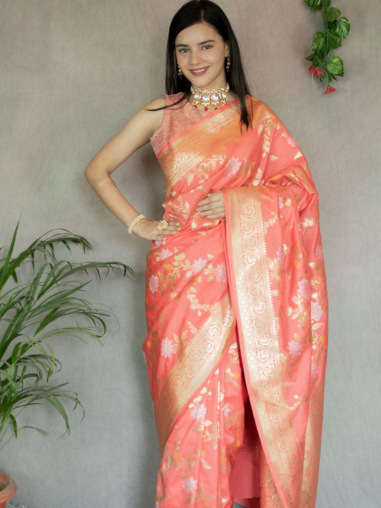 Banarasi Art Katan Silk Saree With Jaal Weaving-Peach