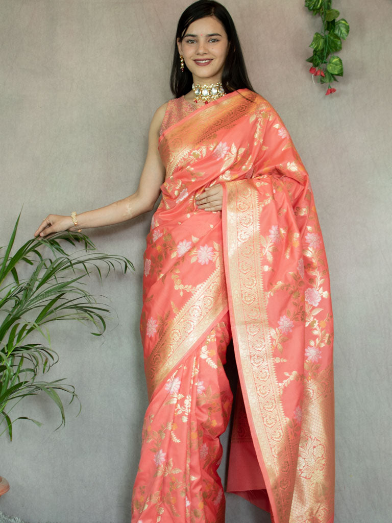 Banarasi Art Katan Silk Saree With Jaal Weaving-Peach