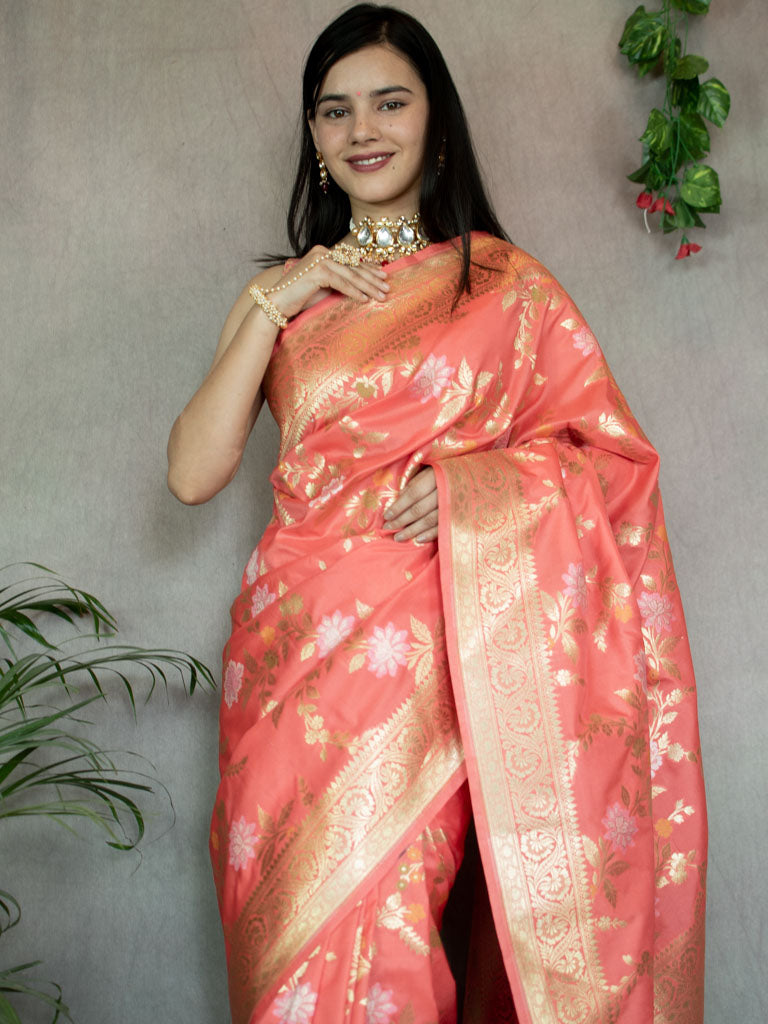 Banarasi Art Katan Silk Saree With Jaal Weaving-Peach