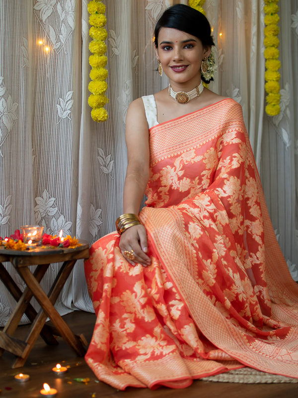 Banarasi Pure Georgette Saree With Jaal Resham Weaving-Orange