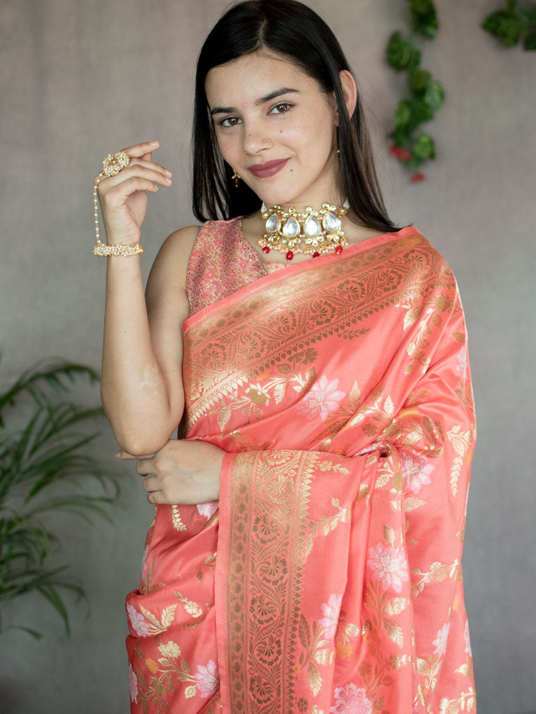 Banarasi Art Katan Silk Saree With Jaal Weaving-Peach