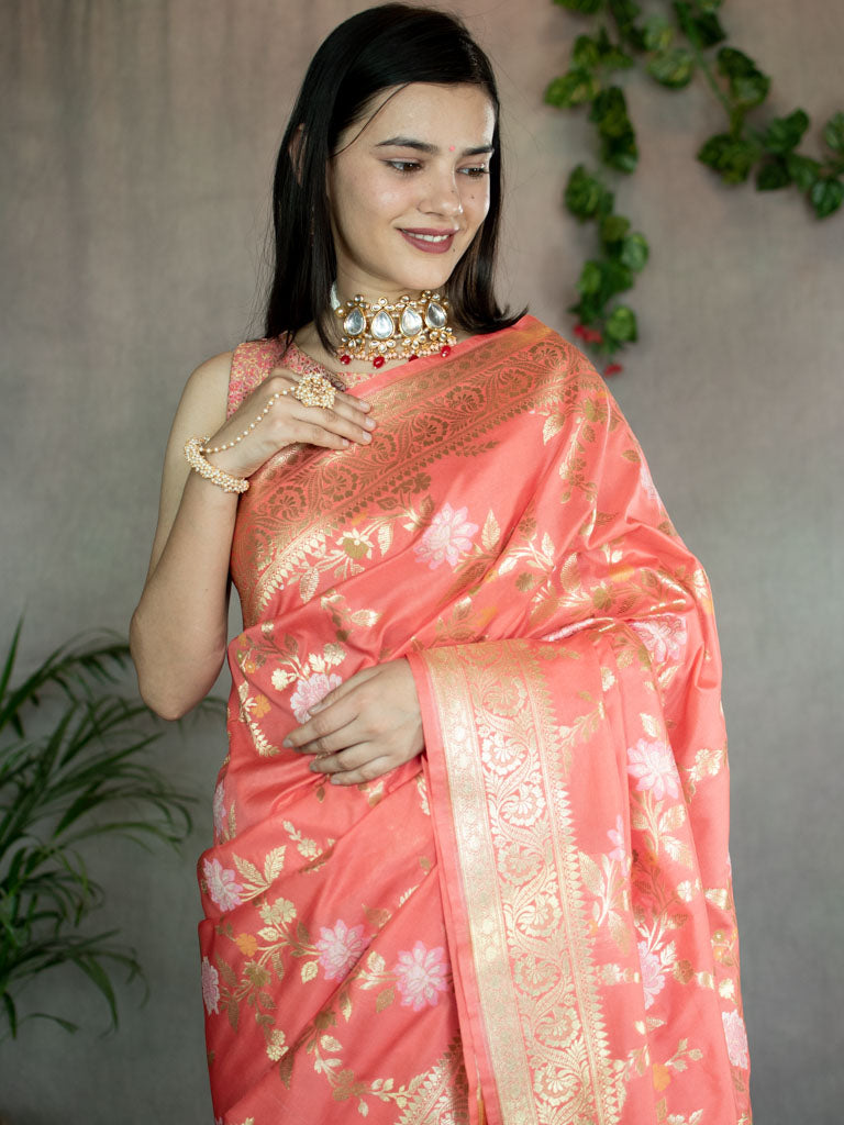 Banarasi Art Katan Silk Saree With Jaal Weaving-Peach