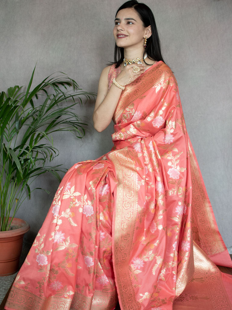 Banarasi Art Katan Silk Saree With Jaal Weaving-Peach