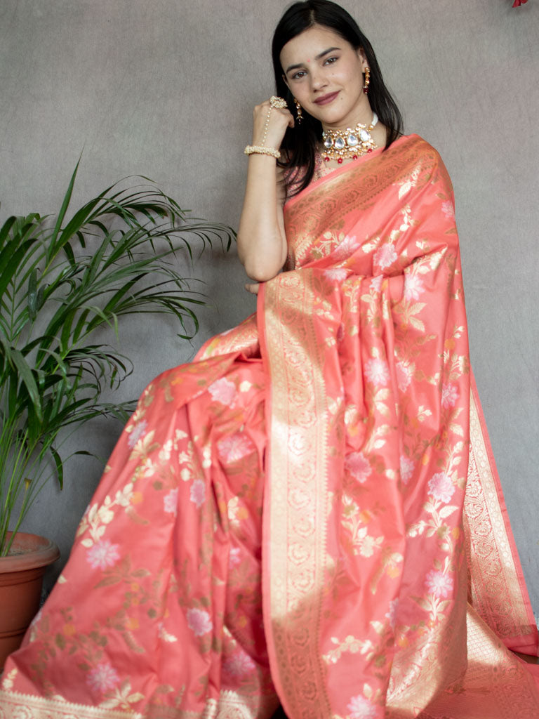 Banarasi Art Katan Silk Saree With Jaal Weaving-Peach