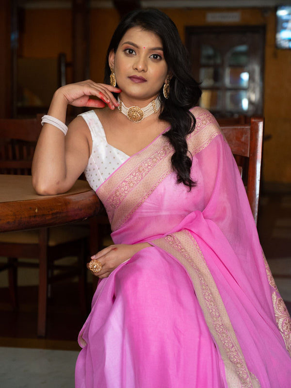 Banarasi Plain Pure Georgette Saree With  Resham Buta Weaving-Pink