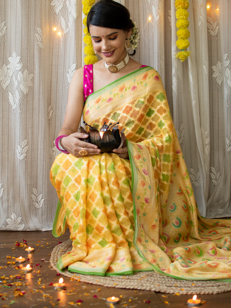 Banarasi Pure Georgette Saree With Handpaint & Zari Weaving-Yellow