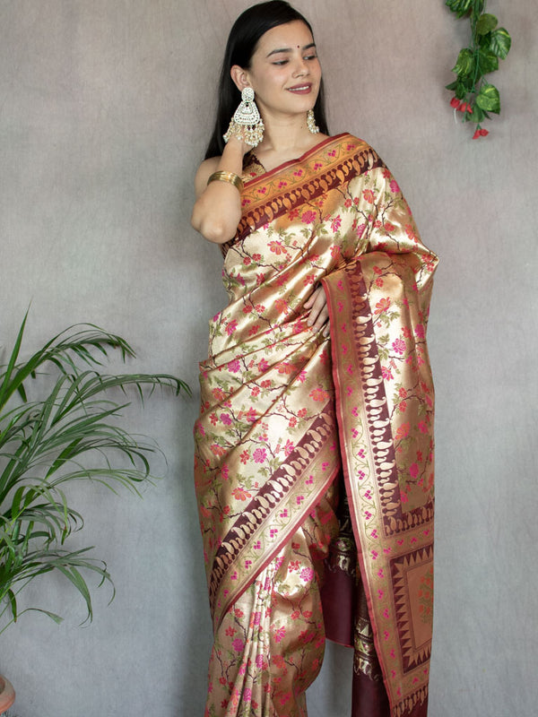 Banarasi Handloom Art Katan Silk Saree With Meena Jaal Weaving-Brown