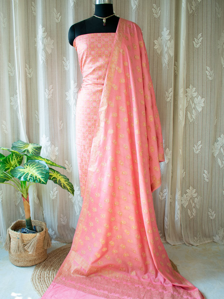 Banarasi Semi Silk Zari Weaving Salwar Kameez Material With Meenakari Dupatta-Pink