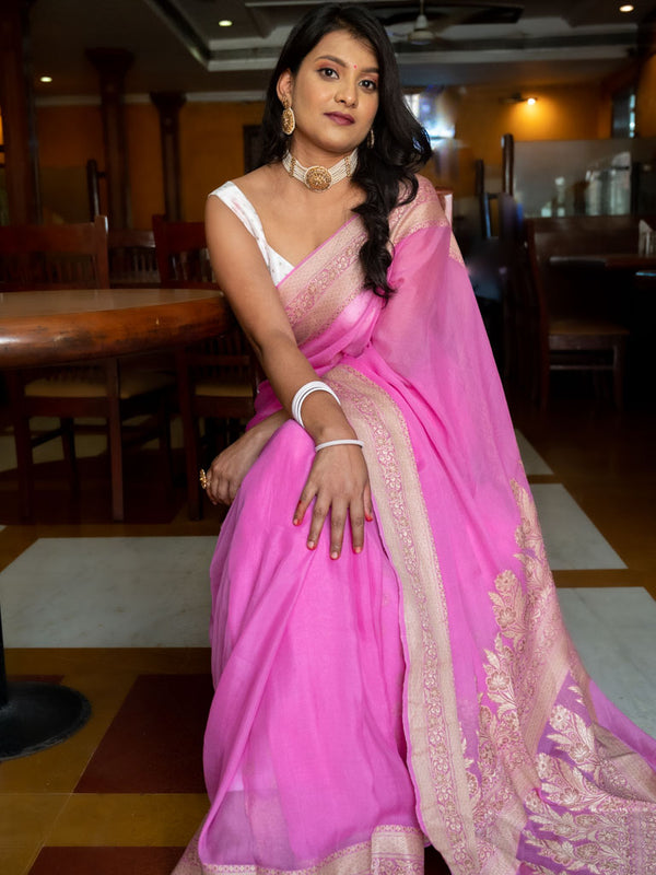 Banarasi Plain Pure Georgette Saree With  Resham Buta Weaving-Pink
