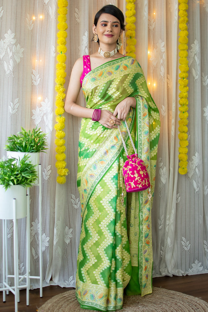 Banarasi Pure Georgette Saree With Jaal Resham Weaving-Green