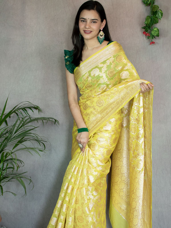 Banarasi Organza Mix Saree With Floral Jaal Zari Weaving-Yellow