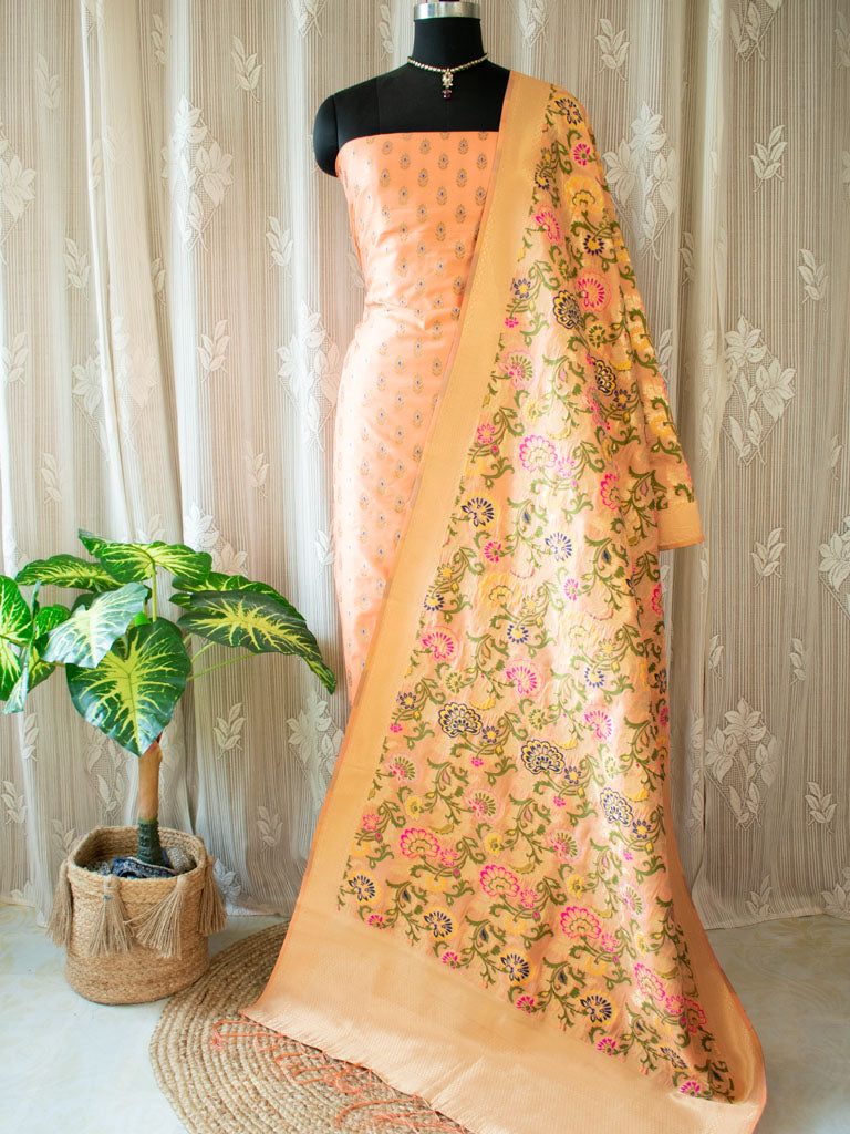 Banarasi Meenakari Salwar Kameez Material With Jaal Dupatta-Peach