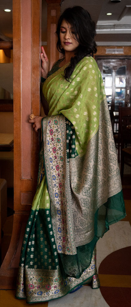 Banarasi Shaded Kora Saree With Zari Weaving Meena Border-Green