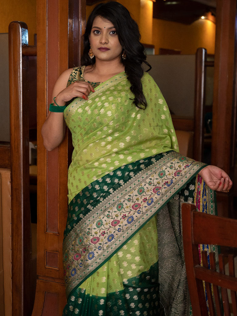 Banarasi Shaded Kora Saree With Zari Weaving Meena Border-Green