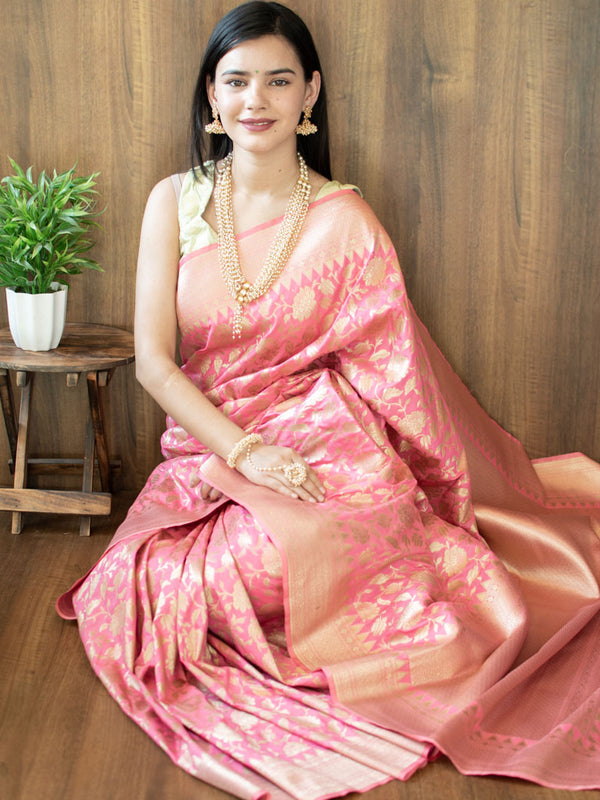 Banarasi Art Katan Silk Saree With Jaal Weaving-Pink