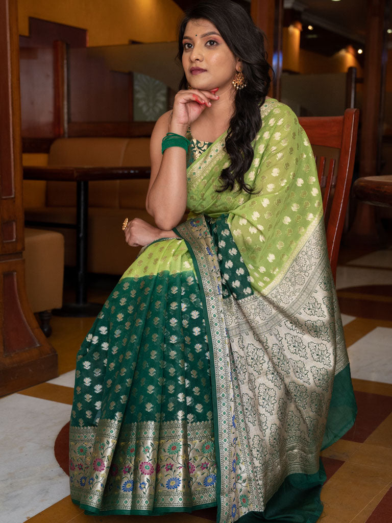 Banarasi Shaded Kora Saree With Zari Weaving Meena Border-Green