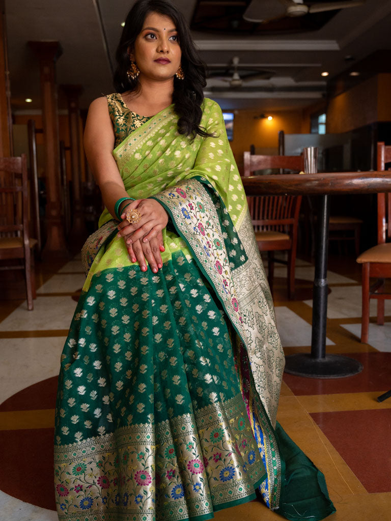 Banarasi Shaded Kora Saree With Zari Weaving Meena Border-Green