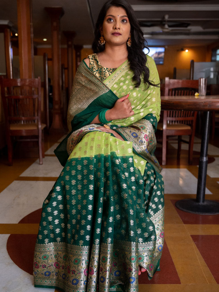 Banarasi Shaded Kora Saree With Zari Weaving Meena Border-Green