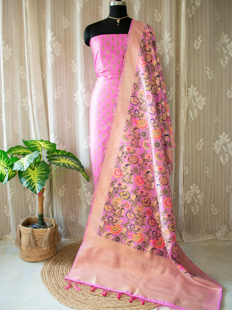 Banarasi Meenakari Salwar Kameez Material With Jaal Dupatta-Pink