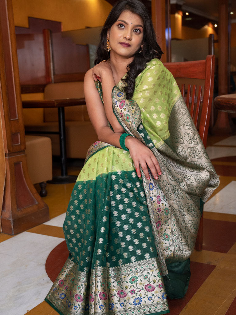 Banarasi Shaded Kora Saree With Zari Weaving Meena Border-Green