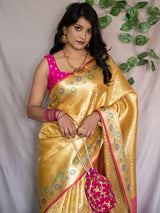 Banarasi Semi Silk Saree With Tanchoi Weaving & Contrast Border-Yellow