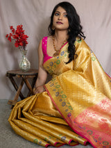 Banarasi Semi Silk Saree With Tanchoi Weaving & Contrast Border-Yellow
