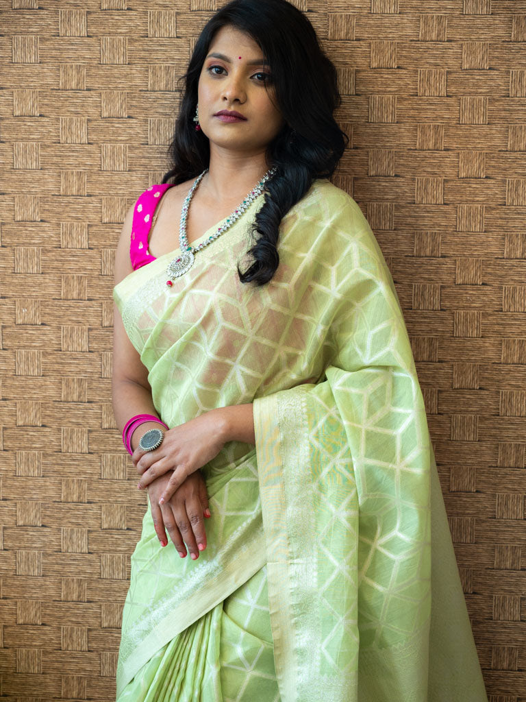 Banarasi Handloom Soft Cotton Saree Silver Zari Weaving- Green