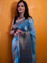 Banarasi Kora Saree With Meenakari Border-Blue