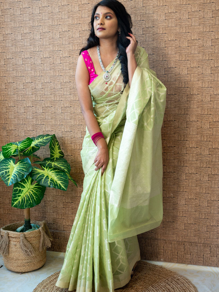Banarasi Handloom Soft Cotton Saree Silver Zari Weaving- Green