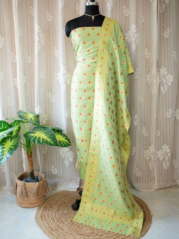 Banarasi Semi Silk Tanchoi Zari Weaving Salwar Kameez Material With Meenakari Dupatta-Green