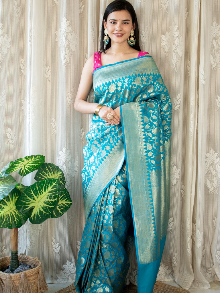 Banarasi Art Katan Silk Saree With Jaal Weaving-Blue