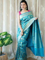 Banarasi Art Katan Silk Saree With Jaal Weaving-Blue