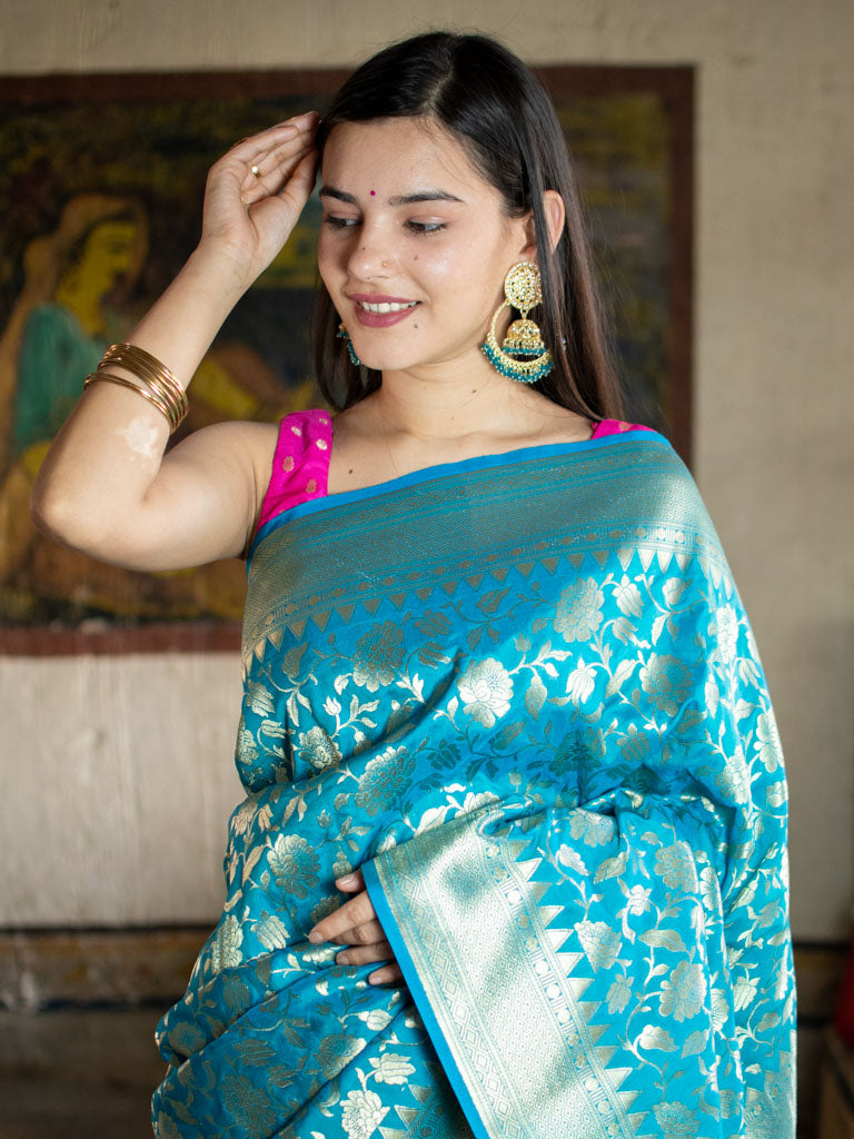 Banarasi Art Katan Silk Saree With Jaal Weaving-Blue