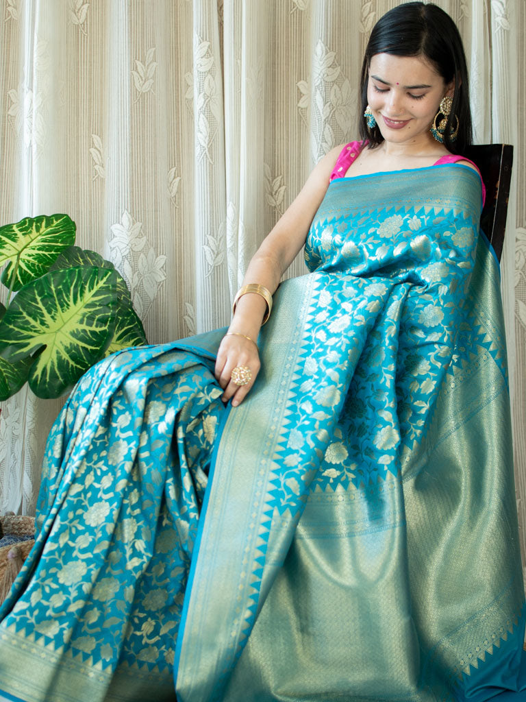 Banarasi Art Katan Silk Saree With Jaal Weaving-Blue