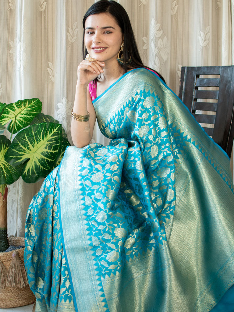 Banarasi Art Katan Silk Saree With Jaal Weaving-Blue